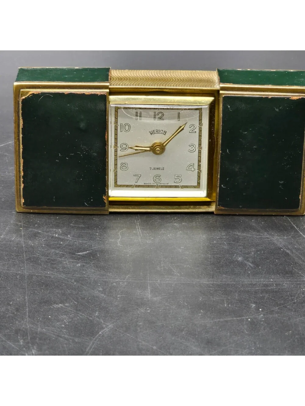 Vintage HERION 7 Jewels Travel Alarm Clock West Germany Mid Century Sliding Case